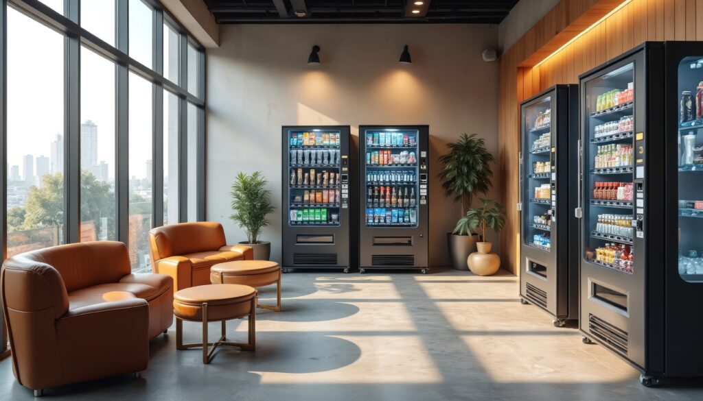 Modern office break room with vending machines. Comfortable seating near large windows, city view. Snacks drinks, coffee, employee refreshment area in contemporary design, promoting productivity