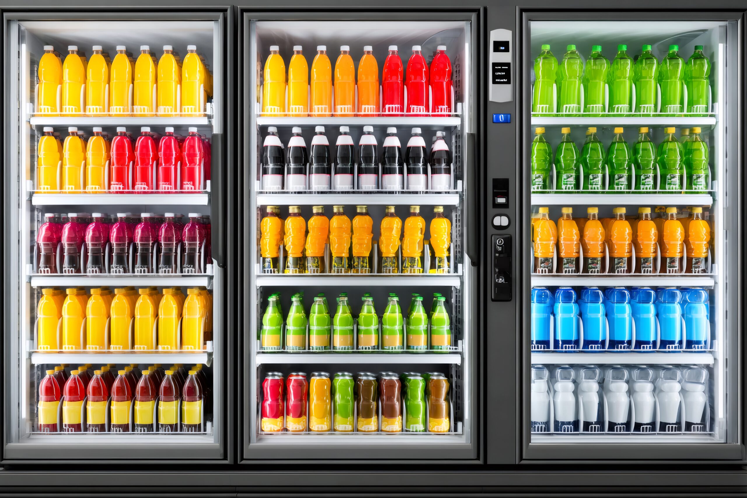 Refrigerated vending machine offering a wide variety of colorful beverages, juices, sodas, and bottled water