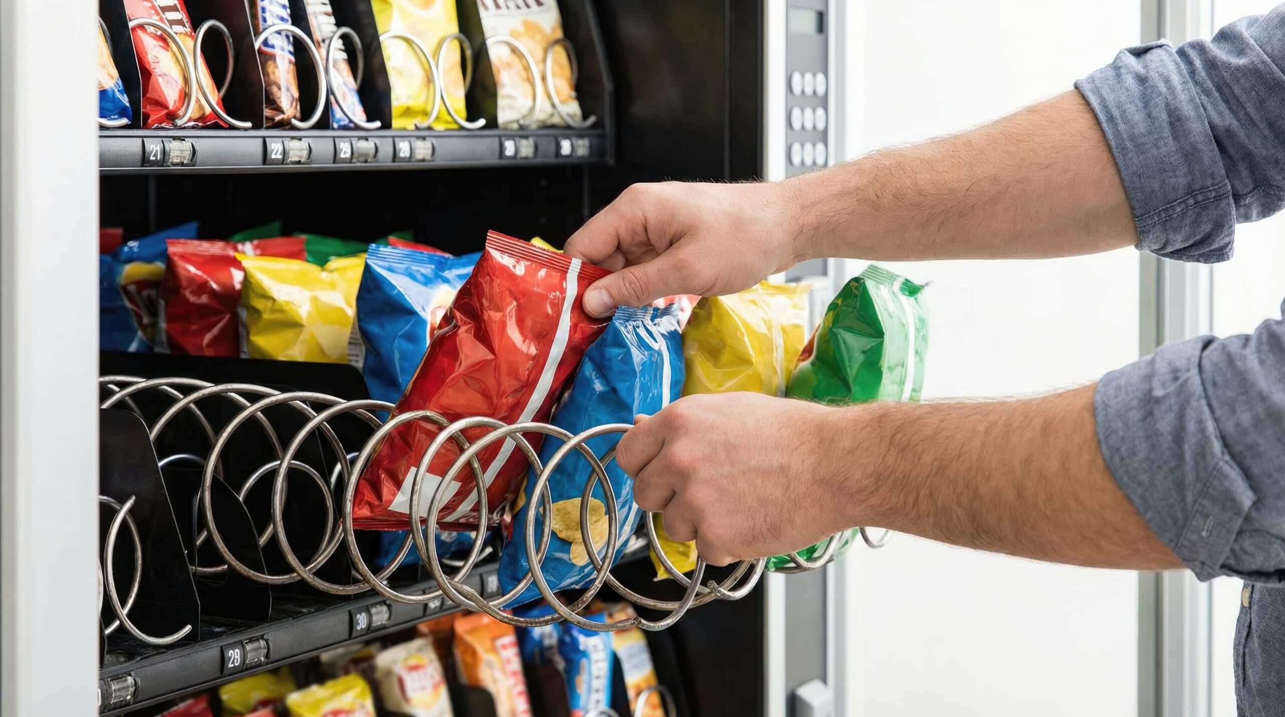 Worker hands stocking bags of potato chips into vending machine spiral