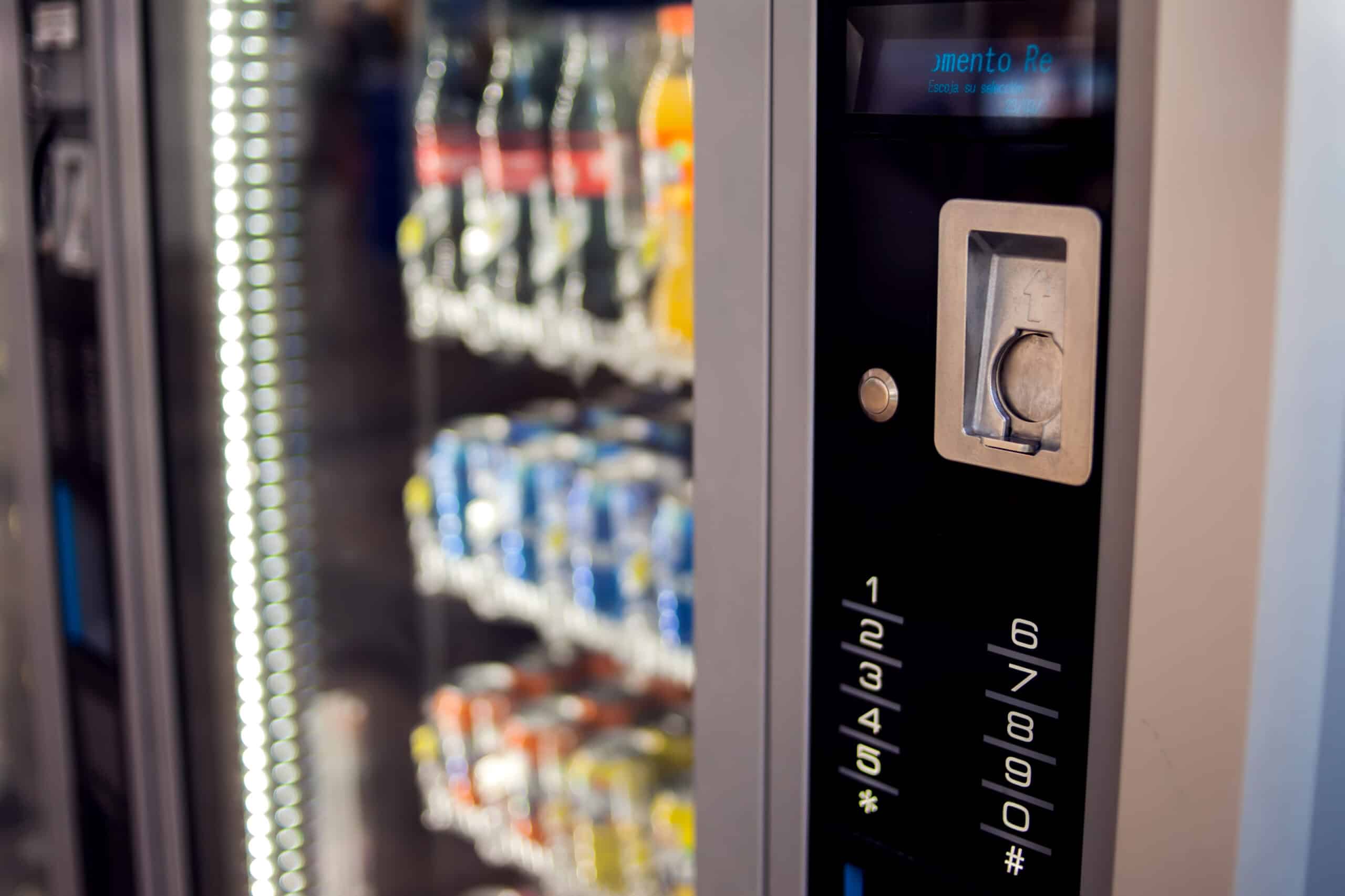 Vending machine keyboard on operation panel. Self-used technology and consumption concept